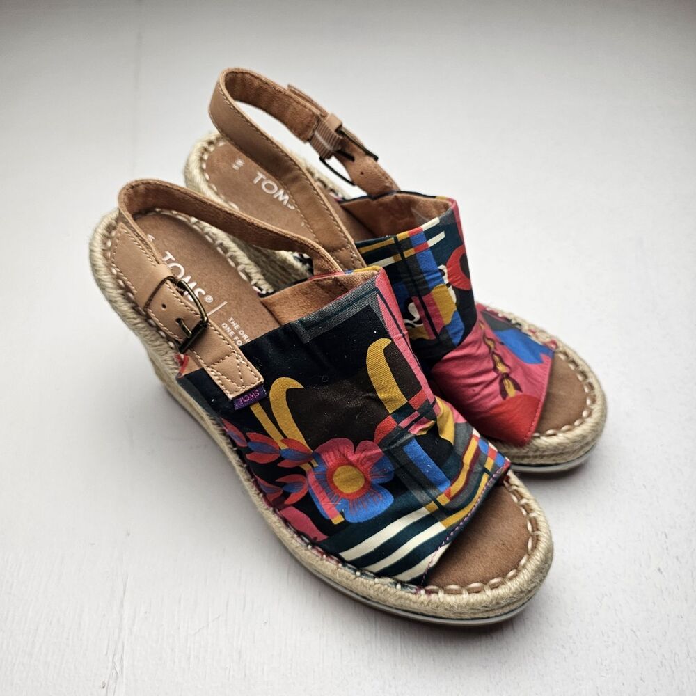 TOMS Women’s Monica Floral Multicolor Espadrille Wedge Ankle Strap Sandals US 9